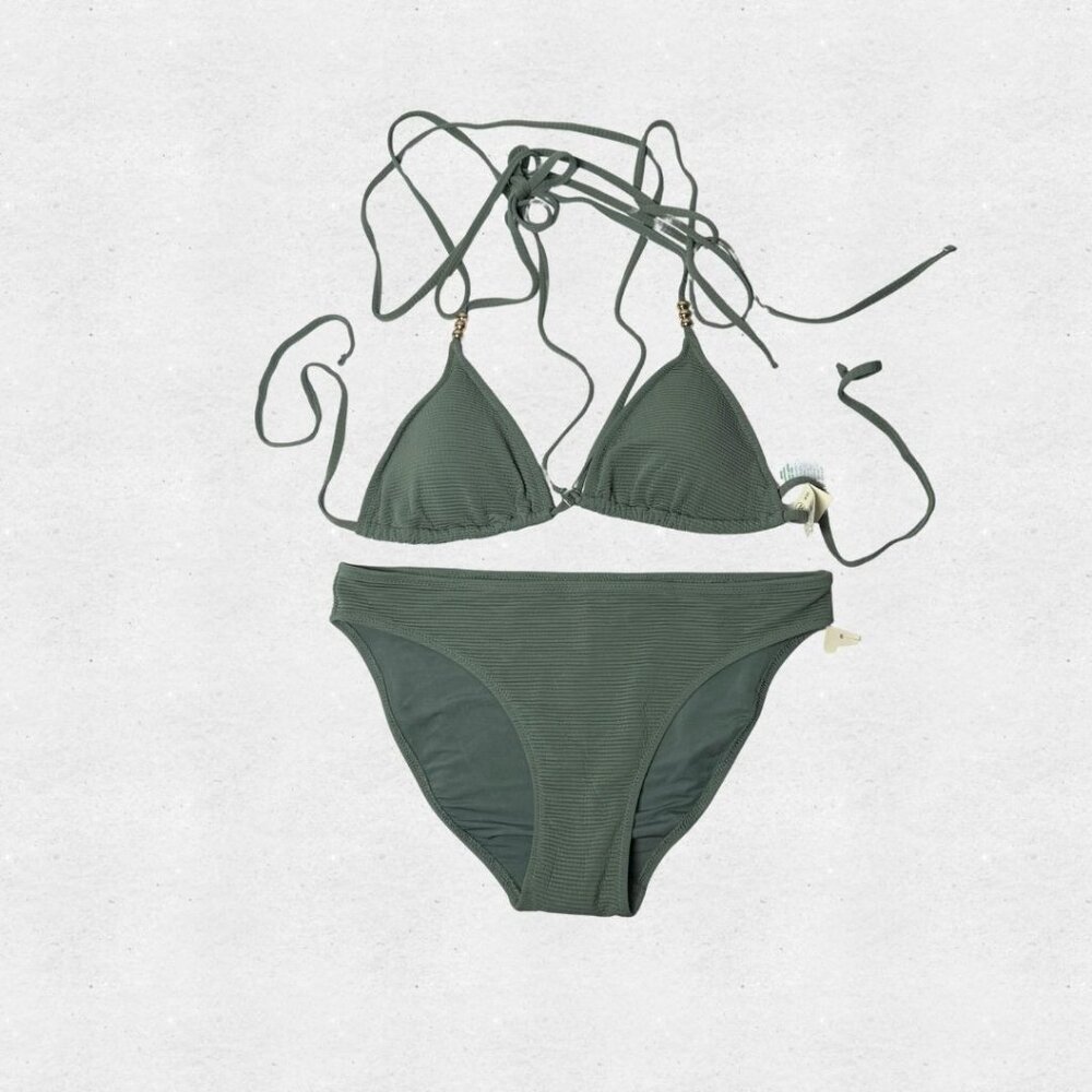 NWT Aerie Ribbed String Triangle Bikini Set Olive Green Medium Bathing Suit Boho